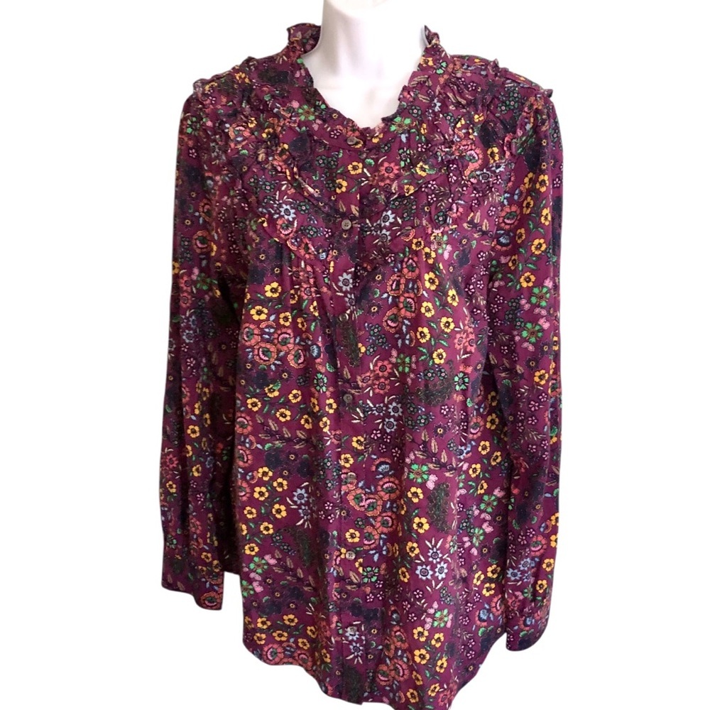 Talbots Sz L Colorful Feminine Blouse Top Button Down Floral Ruffled Office L/S - Picture 6 of 8